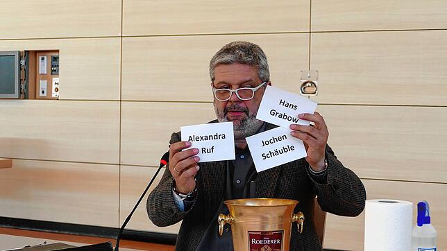 Michael Scharf, Vorsitzender des Gemeindewahlausschusses, loste die Platzierungen auf dem Stimmzettel aus: 1. Hans Grabow, 2. Alexandra ...