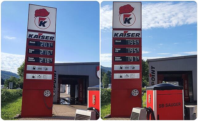 Deutlicher Unterschied bei den Spritpreisen der Kaisertankstelle in Wehr vor dem Tankrabatt am 31. Mai 2022 (links) und am Mittwoch, 1. ...