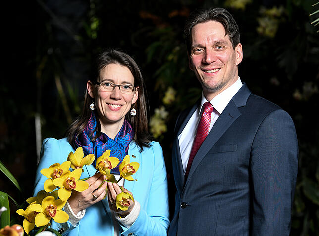 PK Insel Mainau zum Start ins Blumenjahr 13.03.2018, Baden-Württemberg, Deutschland, Bettina Gräfin Bernadotte und Björn Graf Bernadotte stehen im Palmenhaus auf der ...