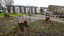 Hier entstehen 48 neue geförderte Wohnungen. Die Parkplätze hinten rechts entfallen vorerst, werden dann aber mit der neuen Tiefgarage ...