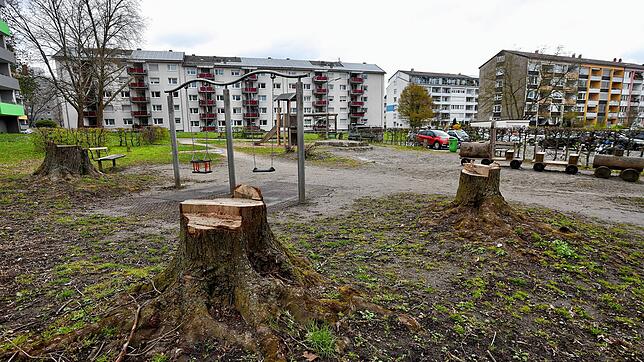 Hier entstehen 48 neue geförderte Wohnungen. Die Parkplätze hinten rechts entfallen vorerst, werden dann aber mit der neuen Tiefgarage ...