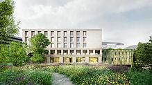 So könnte das Zentralklinikum des Landkreises Waldshut im geplanten Gesundheitspark Hochrhein aussehen. Die Visualisierung zeigt eine ...