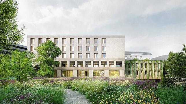 So könnte das Zentralklinikum des Landkreises Waldshut im geplanten Gesundheitspark Hochrhein aussehen. Die Visualisierung zeigt eine ...
