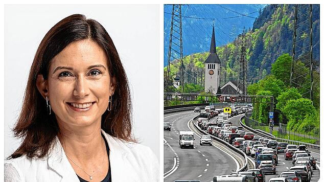 Maja Riniker, FDP, ist Präsidentin des Schweizer Nationalrats. Sie entschied gegen eine Maut am Gotthard. Rechts der Stau vor dem Tunnel ...