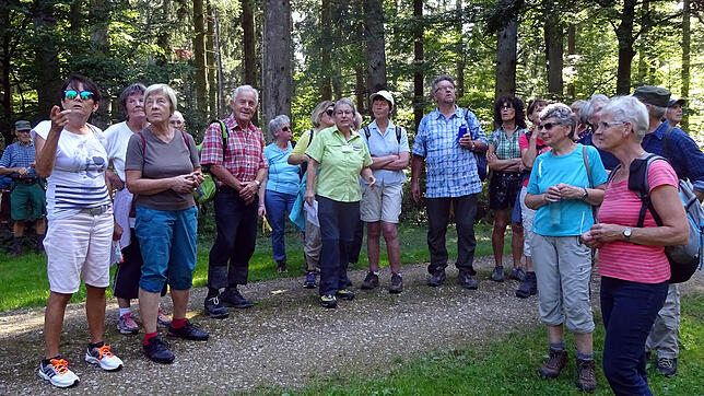 Auf der Wanderung voriges Jahr erläutert Wanderführerin Monika Recktenwald am Blauen Stein zwischen Riedöschingen und Randen die ...