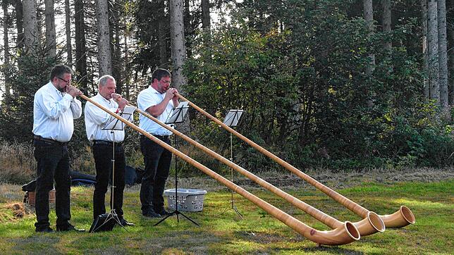 Ein Alphorntrio begleitete die Kunstpräsentation auf dem Ödland.