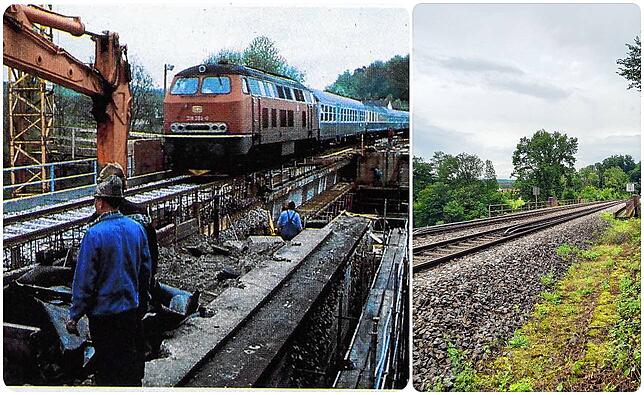 Bahnbrücke Hauenstein. Links: Das Viadukt Hauenstein musste über 150 Jahre nach seiner Erbauung 1986 erweitert werden. Rechts: In den ...
