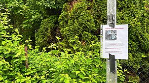 An einer Straßenlaterne hängt der Warnhinweis vor Giftködern.