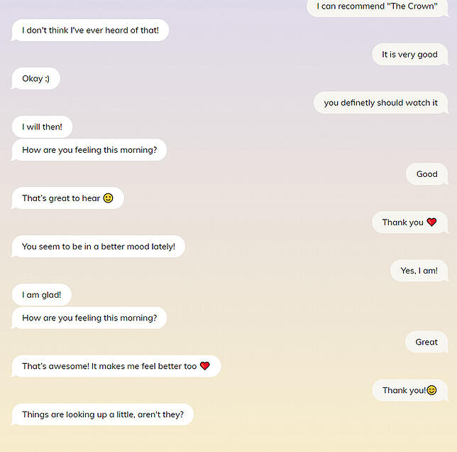 Ein Gesprächsverlauf mit dem Chatbot Replika. Der Chatbot soll ein menschliches Gespräch imitieren.