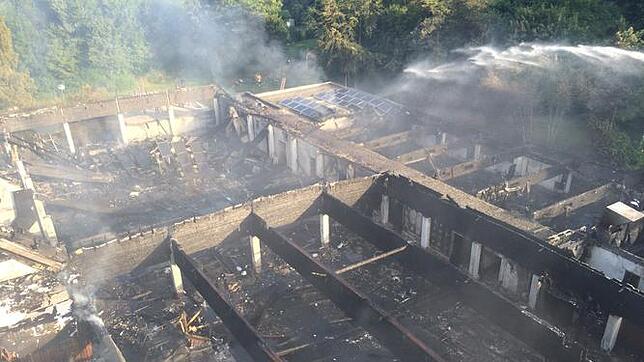Die Ruine: Am Sonntagmorgen wird das ganze Außmaß der Verwüstung erst deutlich. Feuerwehrleute können von der Drehleiter einen ersten ...