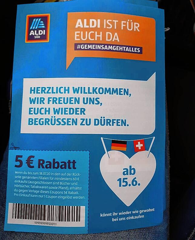 Mit diesem Gutschein wirbt Aldi Süd im Landkreis Waldshut nach der Grenzöffnung um Kunden.
