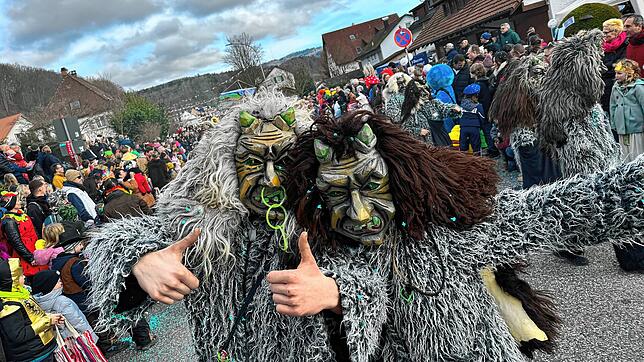 Die Öflinger Hühnerlochfelsengeister (hier beim Narrentreffen 2024 in Schwörstadt) können sich freuen: Das Narrentreffen 2025 kann trotz ...