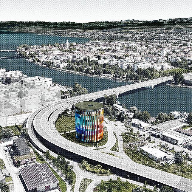 Hier soll es stehen: Der Panorama-Turm wird direkt an der Schänzlebrücke, neben Busbahnhof und künftigem Parkhaus, errichtet.