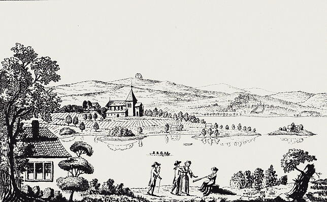 Auf diesem historischen Bild ist zu sehen, dass Schopflen (hinten rechts) eine Insel war, die dann später an den Damm angeschlossen ...