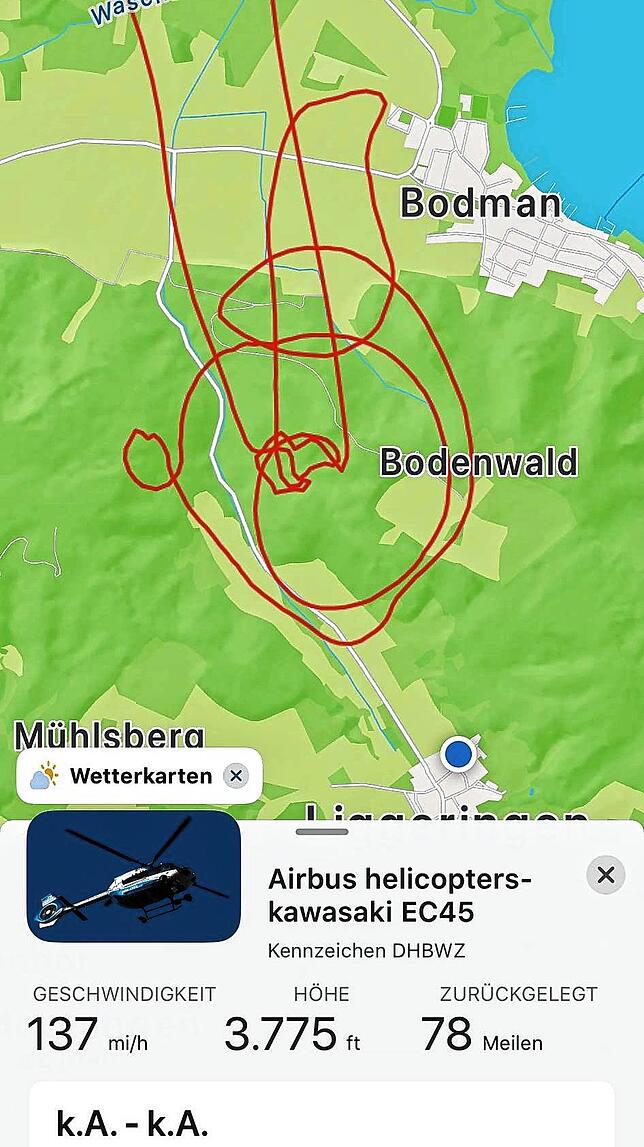 Diese Route flog der Helikopter während der Suche.