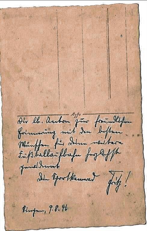 Der Dank von Fritz Walter an Toni Lehr auf einer Postkarte.