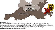 Von Rheinfelden im Westen bis Jestetten im Osten: Der Wahlkreis 59 umfasst einen Teil des Landkreises Waldshut und zwei Gemeinden des ...