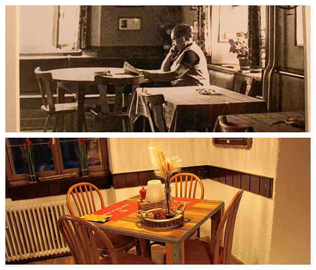 Damals und heute: Zwischen den beiden Bildern liegen rund 50 Jahre, es zeigt dieselbe Ecke im Gasthaus. Oben zu sehen ist Christina ...