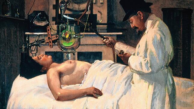Das Gemälde von Georges Chicotot zeigt die frühe Behandlung von Krebs mit Röntgenstrahlen (1908).