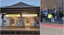 Links: der Bahnhof von Ravensburg, rechts: Bildschirmaufnahmen aus Videos der Gruppenschlägereien am Ravensburger Bahnhof Anfang Februar.