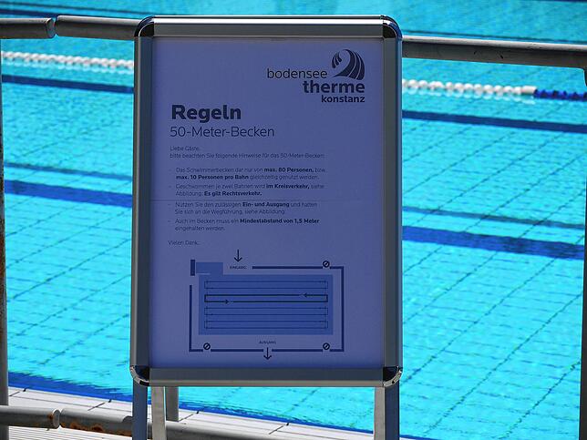 Und die Regeln für das Schwimmerbecken. Zum Beispiel: Kreisverkehr und Rechtsverkehr.