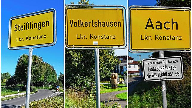 Braucht es diese Ortsschilder bald nicht mehr? Alt-Bürgermeister und Bürgermeister-Bewerber Alfred Mutter will Volkertshausen, Aach und ...