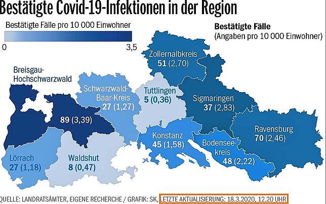 Heller Fleck in der Region: Deutlich zu erkennen ist die niedrige Zahl der bestätigten Covid-Fälle je 10.000 Einwohner im Kreis Waldshut ...