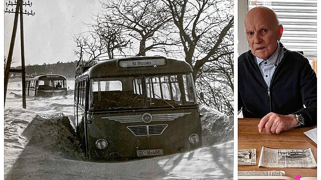 Zwei Postbusse blieben am 21. Januar 1963 auf ihrer Fahrt von Waldshut nach St. Blasien auf der B 500 zwischen Bannholz und Oberalpfen ...