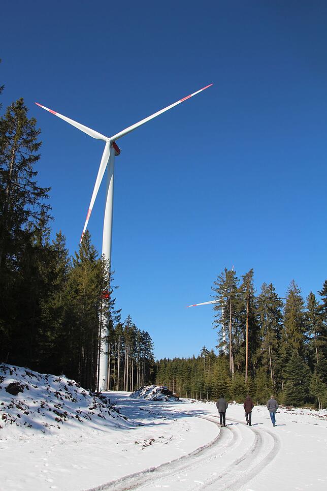 Vor der Gemeinderatsentscheidung: Im März haben Stadträte und Anwohner die Windkraftanlagen von DGE Wind bei Königsfeld besichtigt. ...