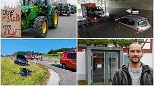 Die Ereignisse bewegten 2024 (von oben links): Landwirte protestieren, Starkregen überflutet Unterführung, Rettungsgasse soll Leben ...