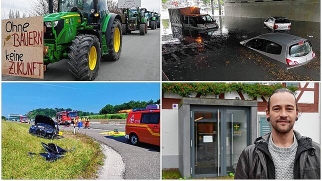 Die Ereignisse bewegten 2024 (von oben links): Landwirte protestieren, Starkregen überflutet Unterführung, Rettungsgasse soll Leben ...