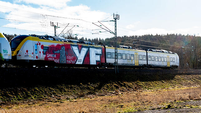 Einer mit Graffitis besprühter Zug der Breisgau-S-Bahn bei Marbach.