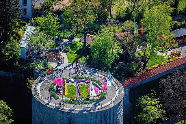 Eine blühende Oase mit interessanten Ein- und tollen Ausblicken: Der Rosenobelturm im Rosenobelgarten auf der Landesgartenschau.