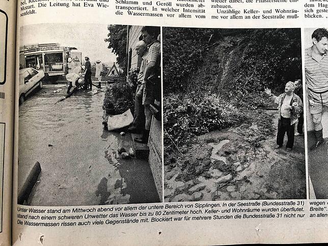 Im linken Bild ist die Abschleppaktion vor der Weinstube Zum guten Glas an der B31 am 24. Juni 1992 zu sehen.