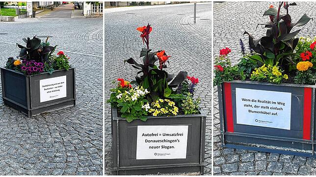 In der Nacht von Pfingstmontag auf Dienstag haben Unbekannte mit Botschaften an Blumenkübel angeklebt.