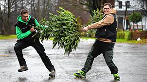 Lukas Eschenfelder und Matthias Hahn (von links) von der Funkengilde Bambergen zanken fürs Foto um einen Christbaum. Die Funkenbuben ...