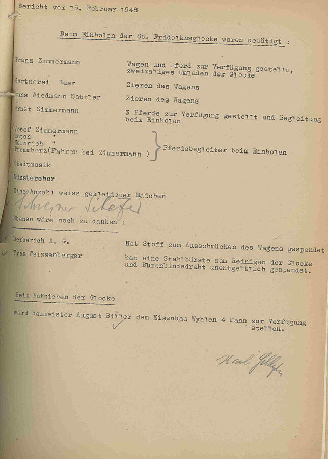 Die Beteiligten beim Festzug für die Rückführung der Fridolinsglocke zum Münster am 15. Februar 1948 in Bad Säckingen zeigt ein Dokument ...