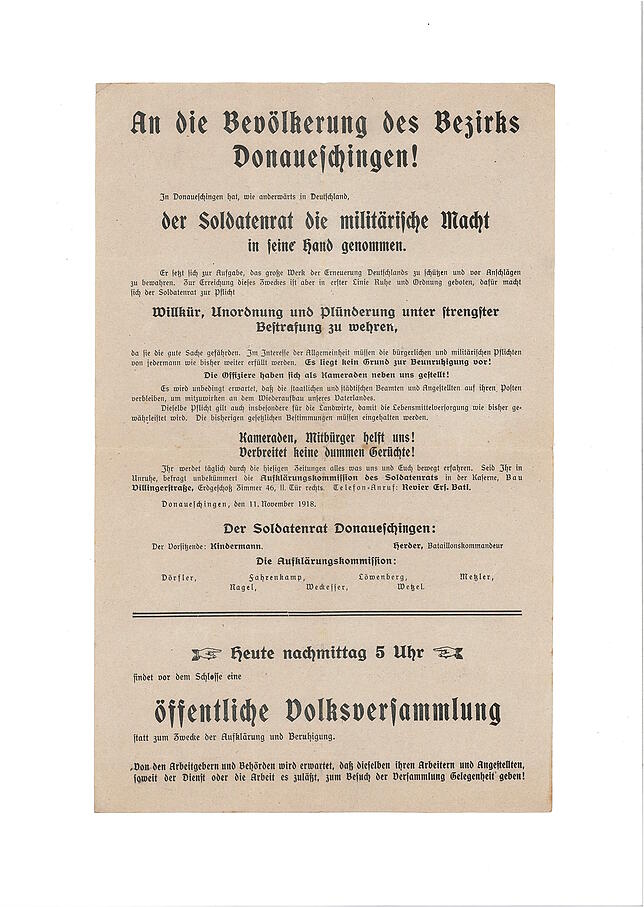 Ruhe ist die erste Bürgerpflicht, auch in der Revolution: Flugblatt des Soldatenrats von Donaueschingen vom 11. November 1918.