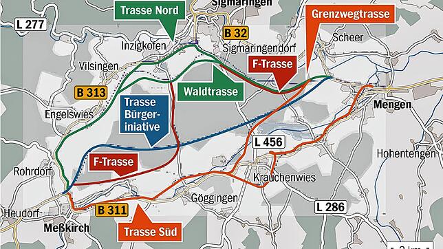 Diese Varianten werden im Rahmen der Planung für eine neue Trasse der Bundesstraße 311 zwischen Meßkirch und Mengen geprüft.