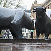 Bulle und Bär stehen als Bronzeskulpturen vor der Frankfurter Wertpapierbörse. Sie sind Symbole für steigende (Bulle) und fallende (Bär) ...