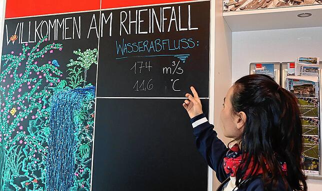 Am 7. April stürzen im Rheinfall 174 Kubikmeter Wasser pro Sekunde herunter. Die Wassertemperatur liegt bei 11,6 Grad, zeigt Tugba Özer ...
