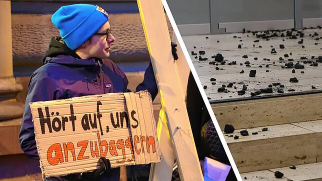 Links: Vor der Konstanzer Sparkasse positionieren sich am Mittwoch mehrere Demonstranten, manche halten Schilder in die Höhe. Rechts: ...