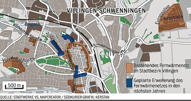 Das Fernwärmenetz in Villingen und die weiteren Ausbaubereiche.