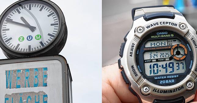 Die Werbefläche ist verblasst, doch die Uhr an der B 34 in Bad Säckingen bei der Bushaltestelle Basler Straße geht richtig.