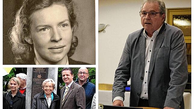 Elisabeth Stierle im Alter von 29 Jahren, darunter bei der Einweihung der Bürgerstiftungsstele. Ulrich Christ (rechts) will die beliebte ...