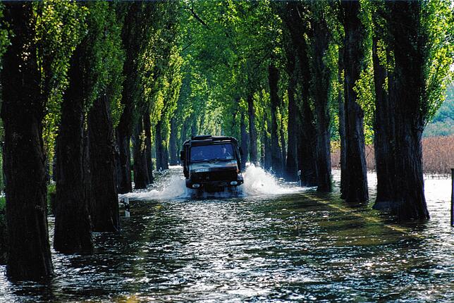 Damals: Mit normalen Autos ging schon bald nichts mehr: Der Damm der Insel Reichenau lag gut einen halben Meter unter Wasser.