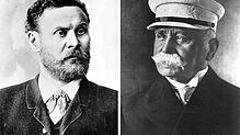 Weltberühmte deutsche Pioniere der Luftfahrt: Links Otto Lilienthal (1848-1896), rechts Ferdinand Graf von Zeppelin (1838-1917). Jetzt ...