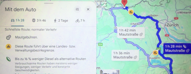 Das Bild mit dem Routenführungsvorschlag mit einem Einsparpotential von bis zu 16 Prozent zeigt den Streckenabschnitt der Reise von der ...