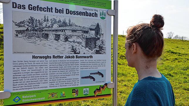 Fünf Infotafeln beschreiben die Schlacht bei Dossenbach und das Leben von Georg Herwegh.