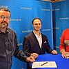 Bürgermeisterkandidat Daniel Stiller (Mitte) im SÜDKURIER-Redaktionsgespräch mit Andreas Gerber (links) und Justus Obermeyer.